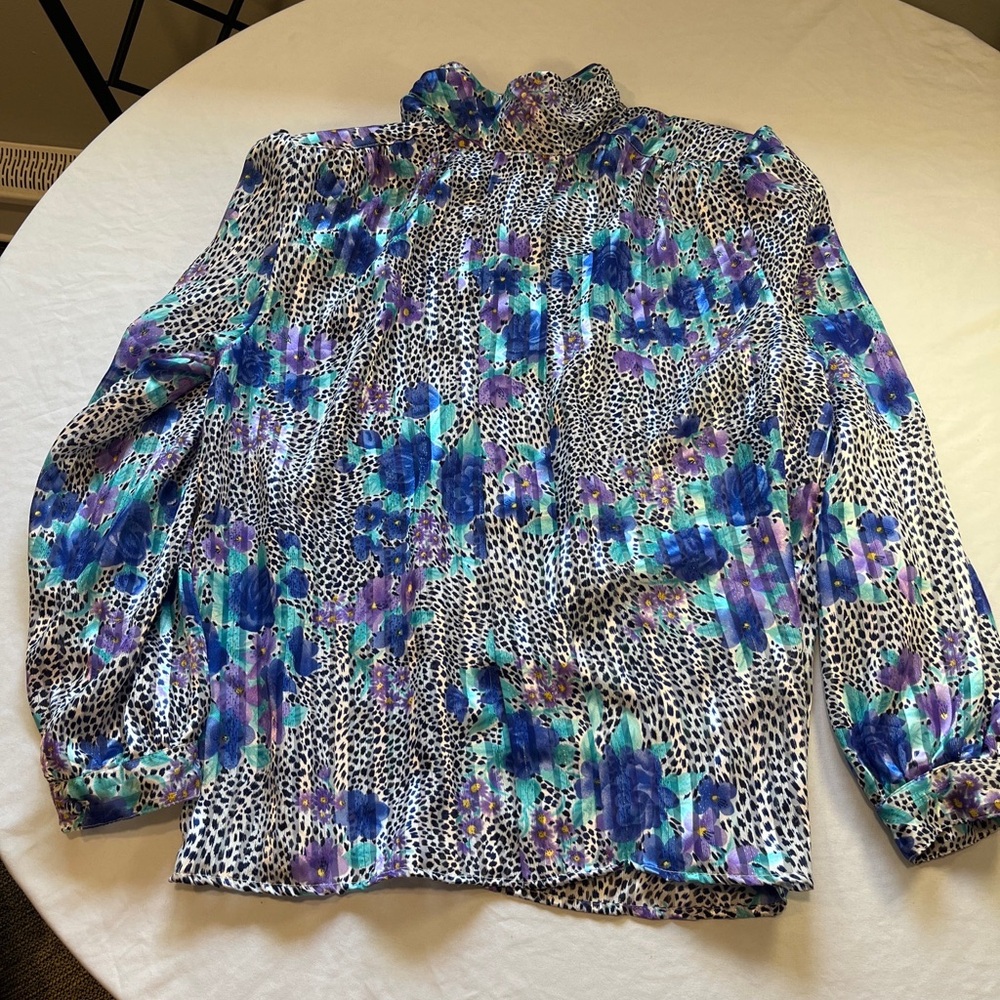 Gianna Multicolor Floral and Leopard sheer Blouse Vintage Gianna 16 mock neck